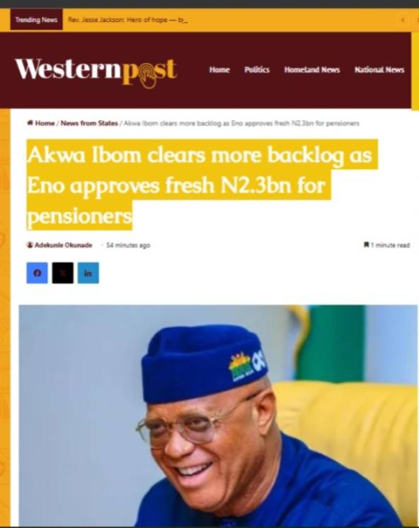 Akwa Ibom clears more backlog as Eno approves fresh N2.3bn for pensioners
source:-https://www.wester...