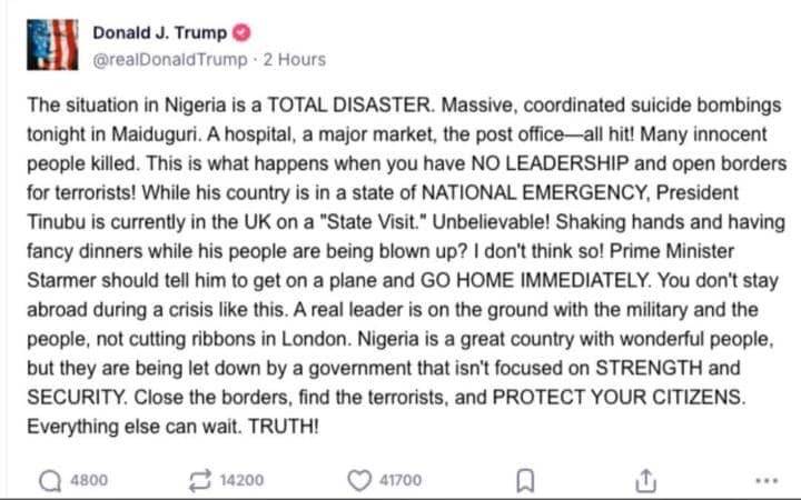 Trumps reaction to the killings happening in Maiduguri🥸🇳🇬 🇺🇸 
What is actually going on on in this...