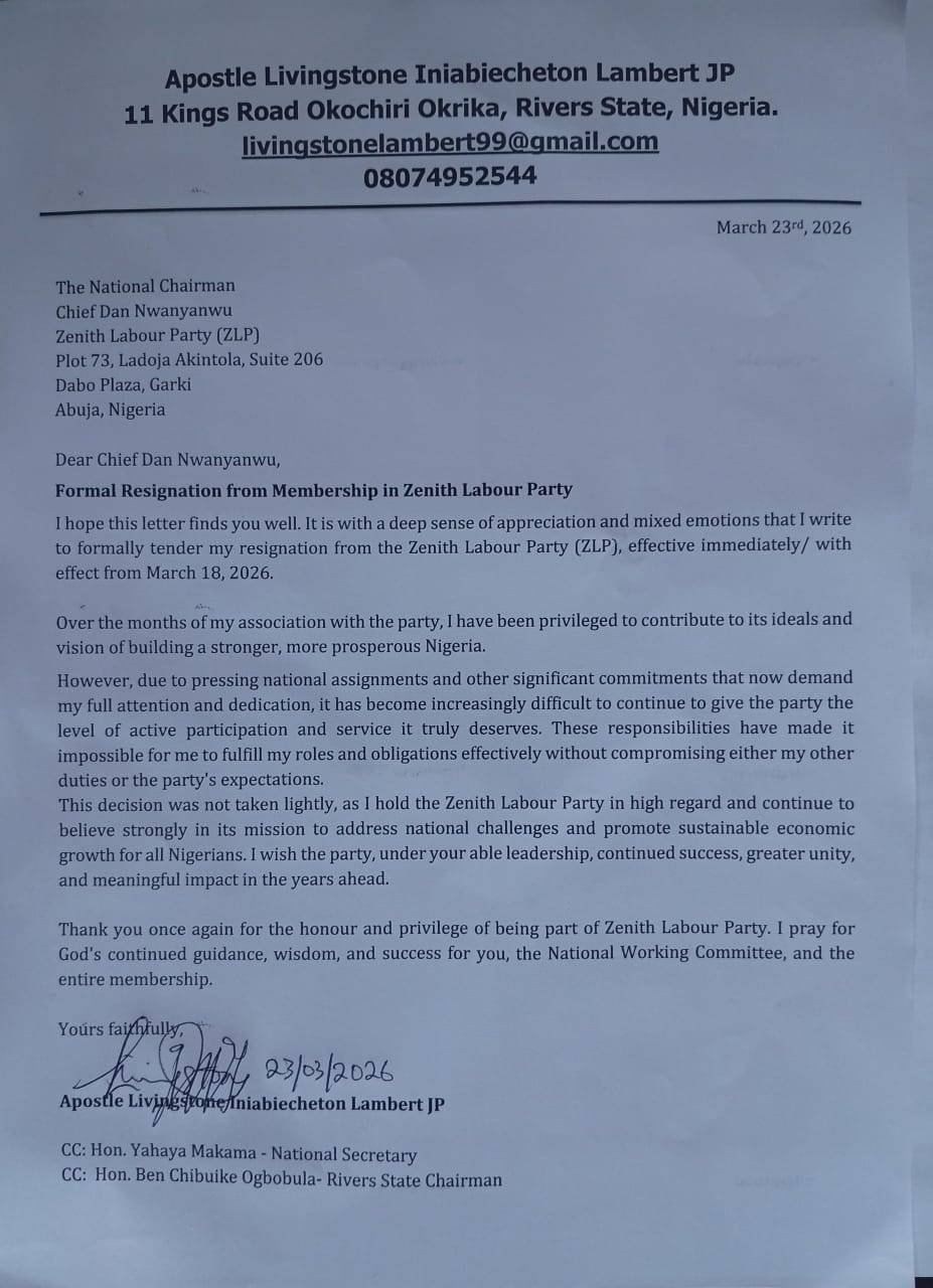 I humbly resign from Zenith Labour Party (ZLP) effective immediately.