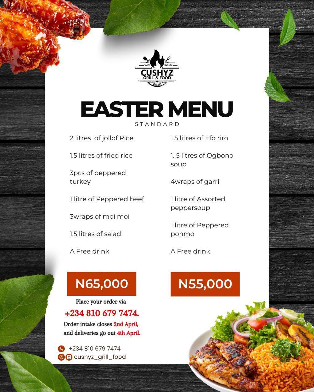 Our Easter Package is still ongoing. We are still taking orders.
Place your order via
+234 810 67...