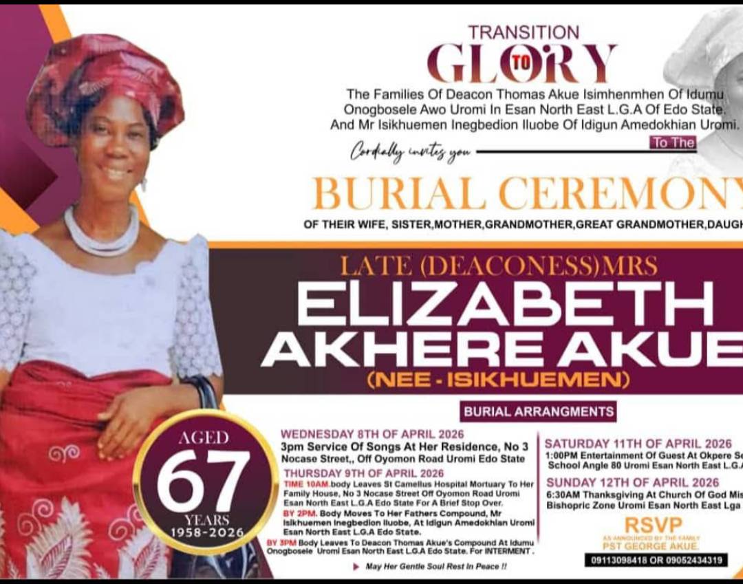 Dcn. Elizabeth Akue's (nee Isikhuemen) burial programme 9th and 11th April, 2026.