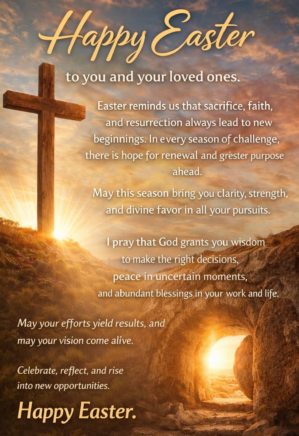 Happy Easter. God bless you massively. He is risen, I therefore declare, nothing dies in your life,...