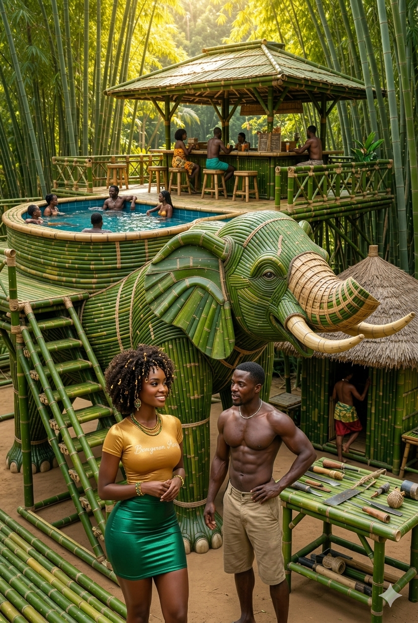 She’s glowing, he’s built… and the bamboo elephant is carrying the whole resort! 🔥 #BambooJungle, #...
