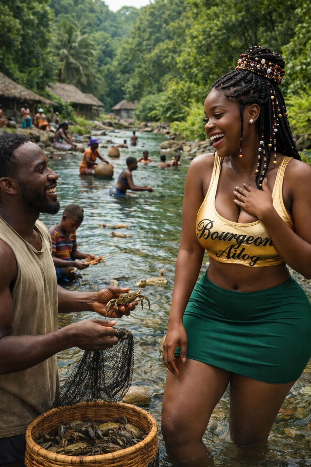 Looks like she is in love with the fisherman. By the gentle flow of the village stream, laughter tra...