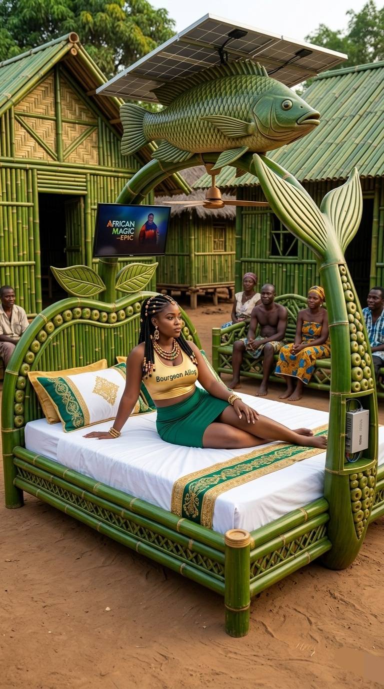 When your bed is the main character ๐ Green bamboo sculpture, tilapia roof, solar power, and Africa...