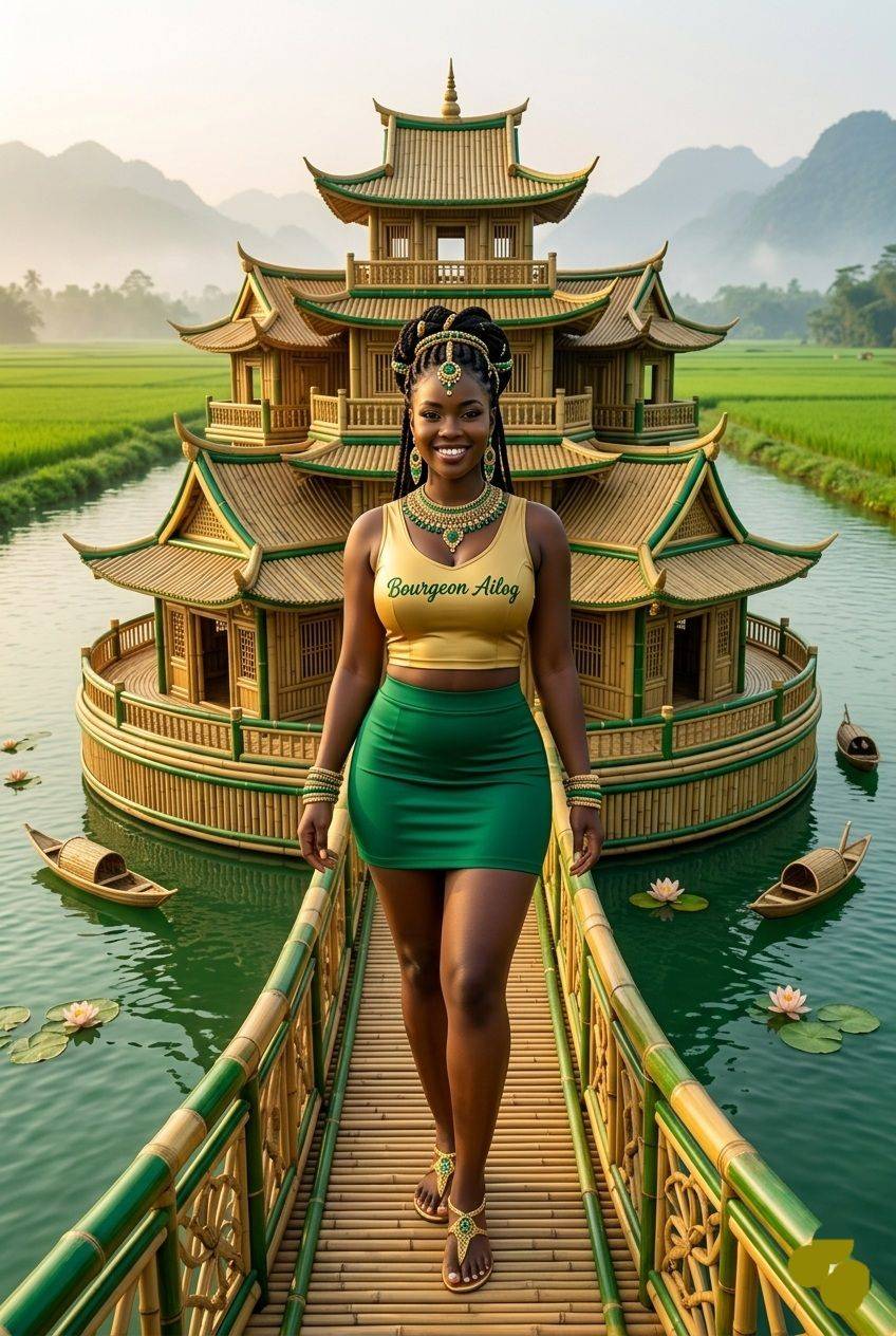She stepped onto the swaying bamboo bridge at dawn, rice fields glowing like liquid emerald behind h...