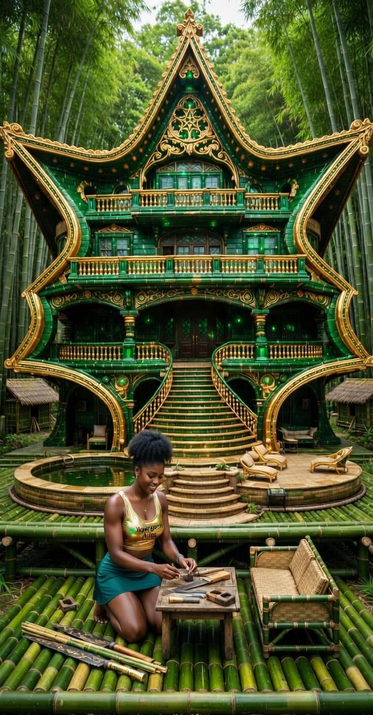 Building empires from bamboo and brilliance ✨
Gold on the skin, emerald in the soul.
She doesn’t ju...