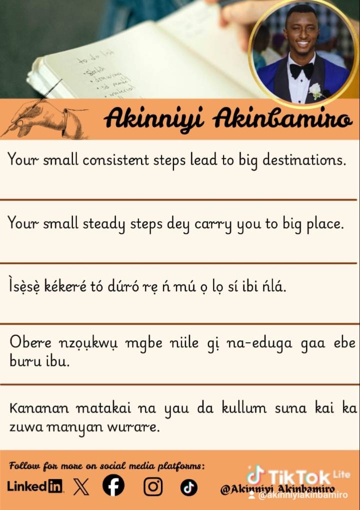 Your small consistent steps lead to big destinations.- Akinniyi Akinbamiro
#Humanlife
💥This part...