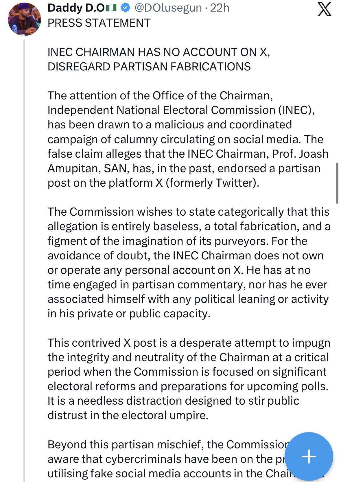 SA to the presiend defending the same independent INec chair with his post ๐ ๐ and he is not a me...