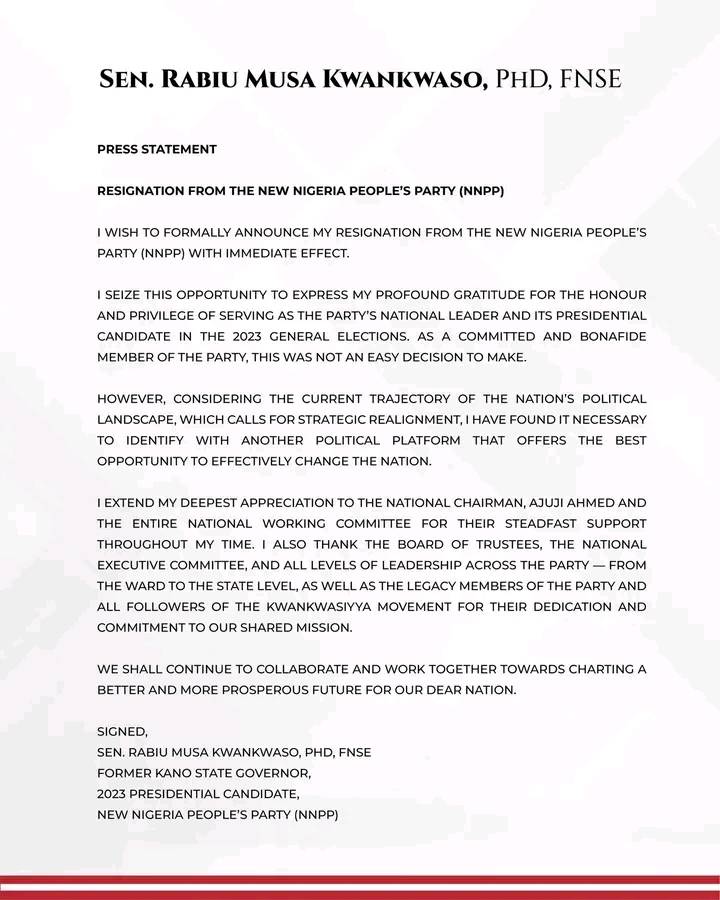 PRESS STATEMENT
29-03-2026
RESIGNATION FROM THE NEW NIGERIA PEOPLE’S PARTY (NNPP)
I wish to forma...
