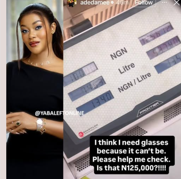 "It can't be" - Actress Damilola Adegbite in disbelief after being charged ₦125,000 for 93 litres of...