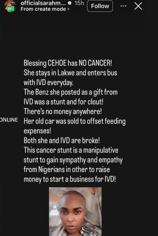"She and IVD are broke, this cancer stunt is a manipulative stunt to sympathy and empathy from Niger...