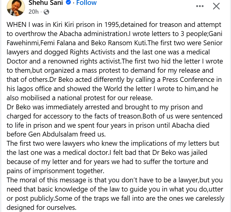 "WHEN I was in Kiri Kiri prison in 1995, detained for treason and attempt to overthrow the Abacha ad...