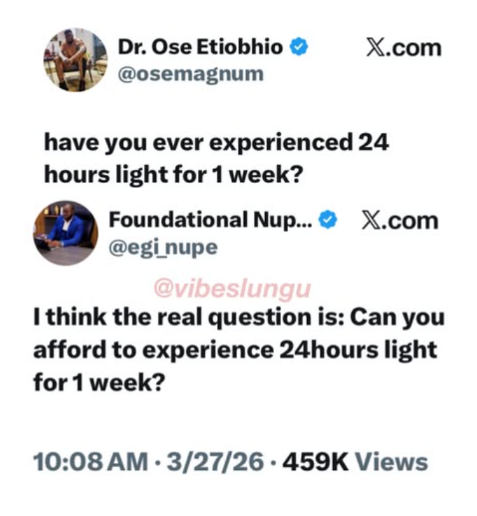 "Have you ever experienced 24hrs light for one week?"
Reply: "Can you even afford it?"๐ญ๐ฉ
Ahhhhhh!...