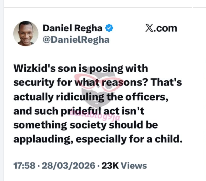 Social Media critic Daniel Regha has this to say about Wizkid son posing with security personnels👇...