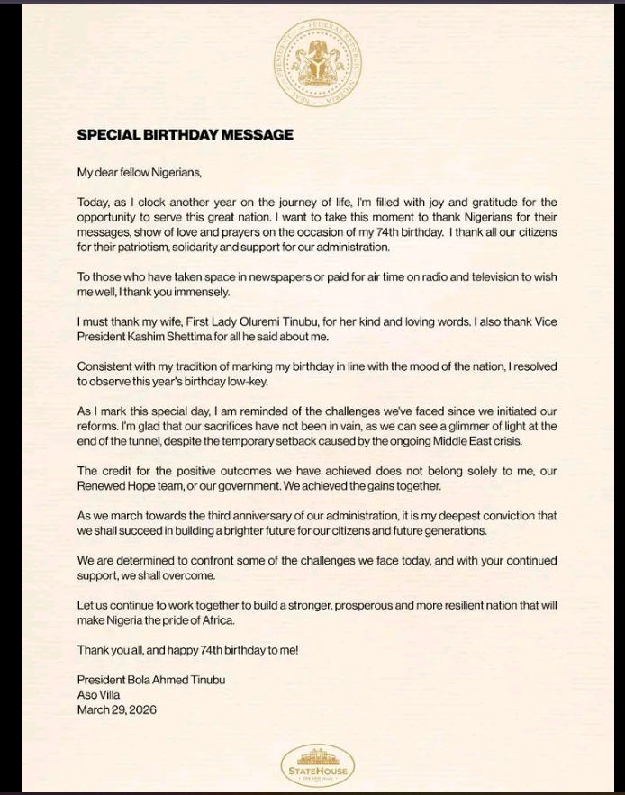 "I resolve to observe this year's birthday on a low key in line with the mood of the Nation."
Presid...