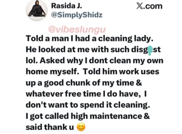 Lady chooses peace over mind over stress; it is called 'high maintenance.'
#dailygist