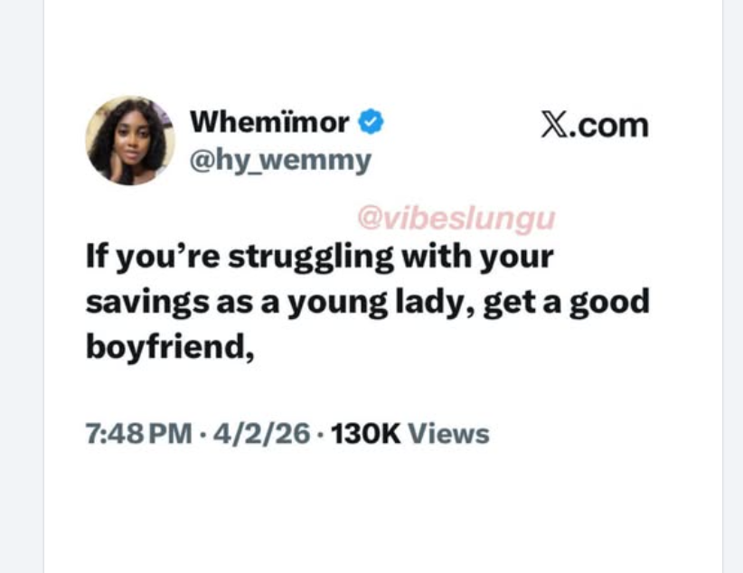 "If you're struggling with your savings as a young lady, get a good boyfriend."- Lady advises
oops!...