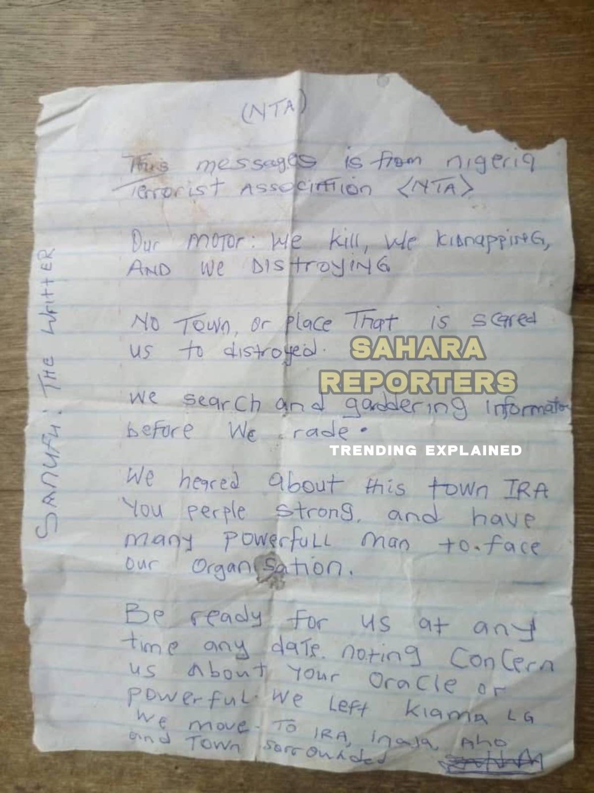 Nigerian Terrorists Association (NTA) liked to the Woro massacre, writes fresh threat letter to resi...