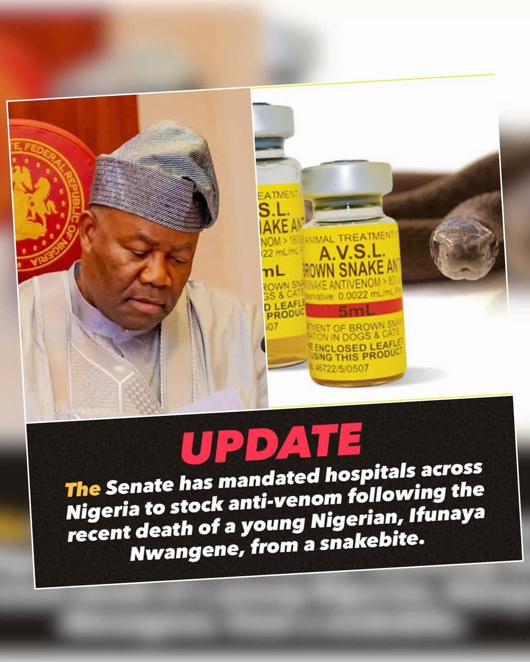The Senate passed a bill mandating all hospital to have anti snake venom
#LekeeLekee #NaijaPride #T...