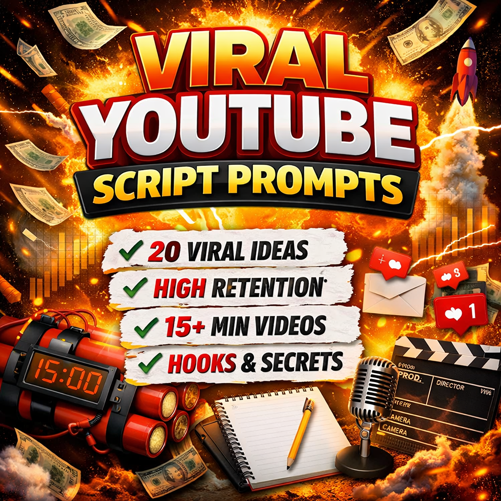 🚨 Your videos aren’t growing because they don’t hold attention.
Get 20 viral YouTube script prompt...