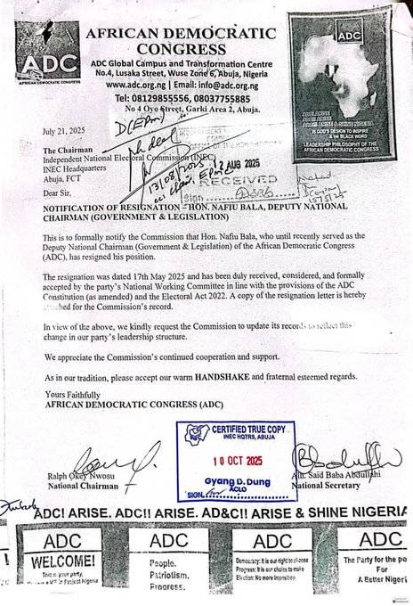 This's the notification of resignation Hon Nafiu Bala, Deputy National Chairman of ADC received and...
