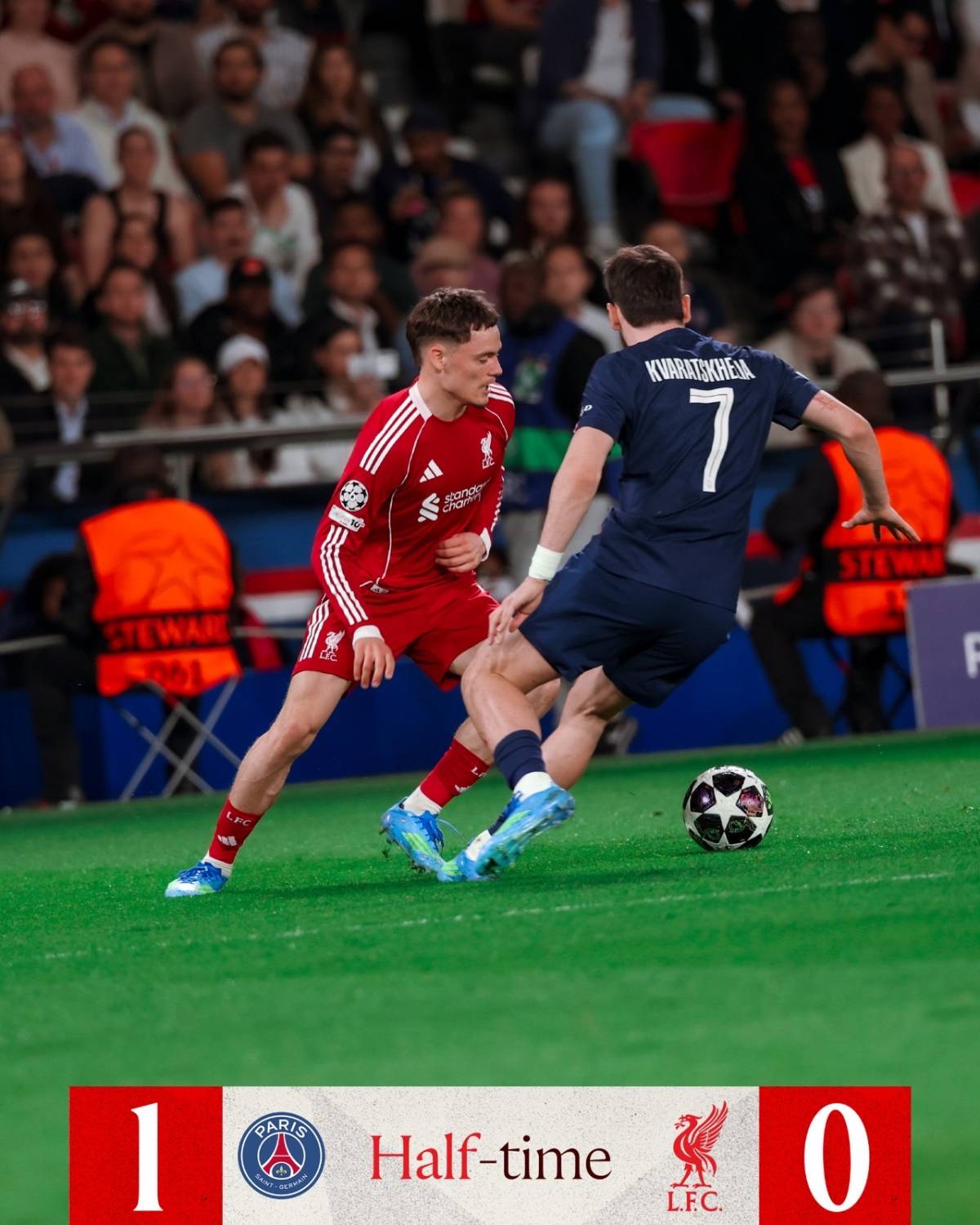 ♻️Doué’s Deflected Strike Puts Defending Champs in the Driver’s Seat at the break
🔵UCL | Quarter...