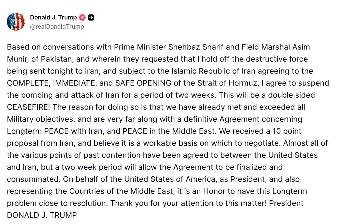 BREAKING: ๐บ๐ธ๐ฎ๐ท US and Iran agree to immediate 2-week ceasefire.