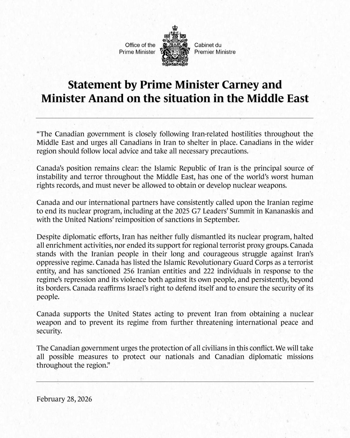 Mark Carney's statement on Iran-related hostilities in the Middle East: