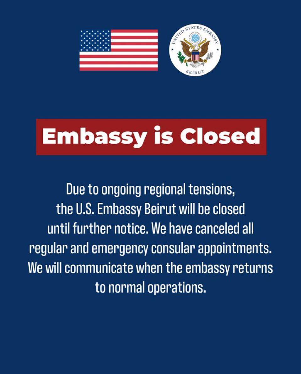 JUST IN:
πΊπΈπ±π§ The U.S. Embassy in Beirut has been CLOSED
The embassy announced itβs closed until f...