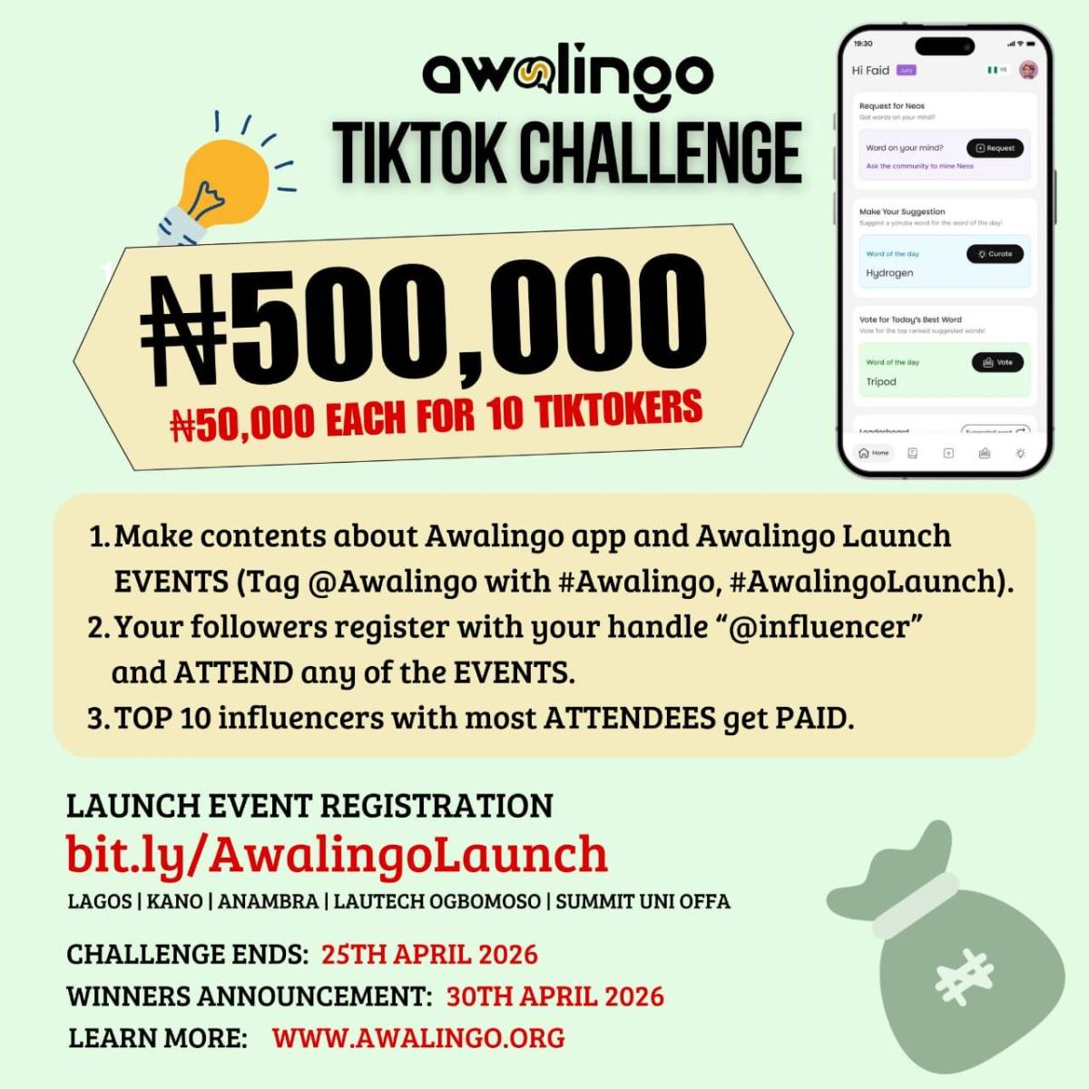 Join the Awalingo TikTok Challenge: 500,000 Naira Up for Grabs. This challenge is open to anyone o...