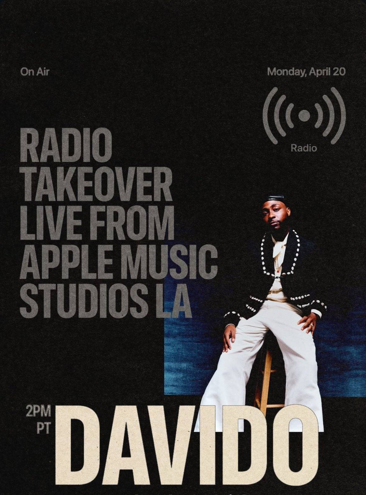 Davido will be live for an hour at the Apple Music Studio in LA tonight at 10:00pm (Nigeria time)....