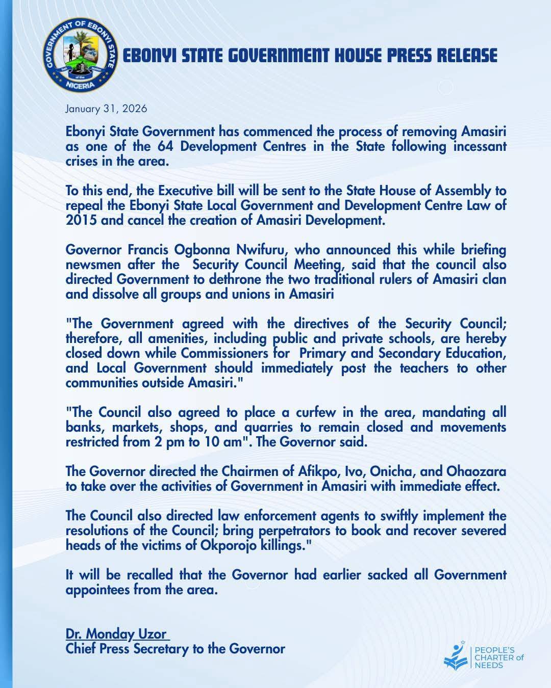 Ebonyi State Government House Press Release following the Security Council Meeting convened yesterda...