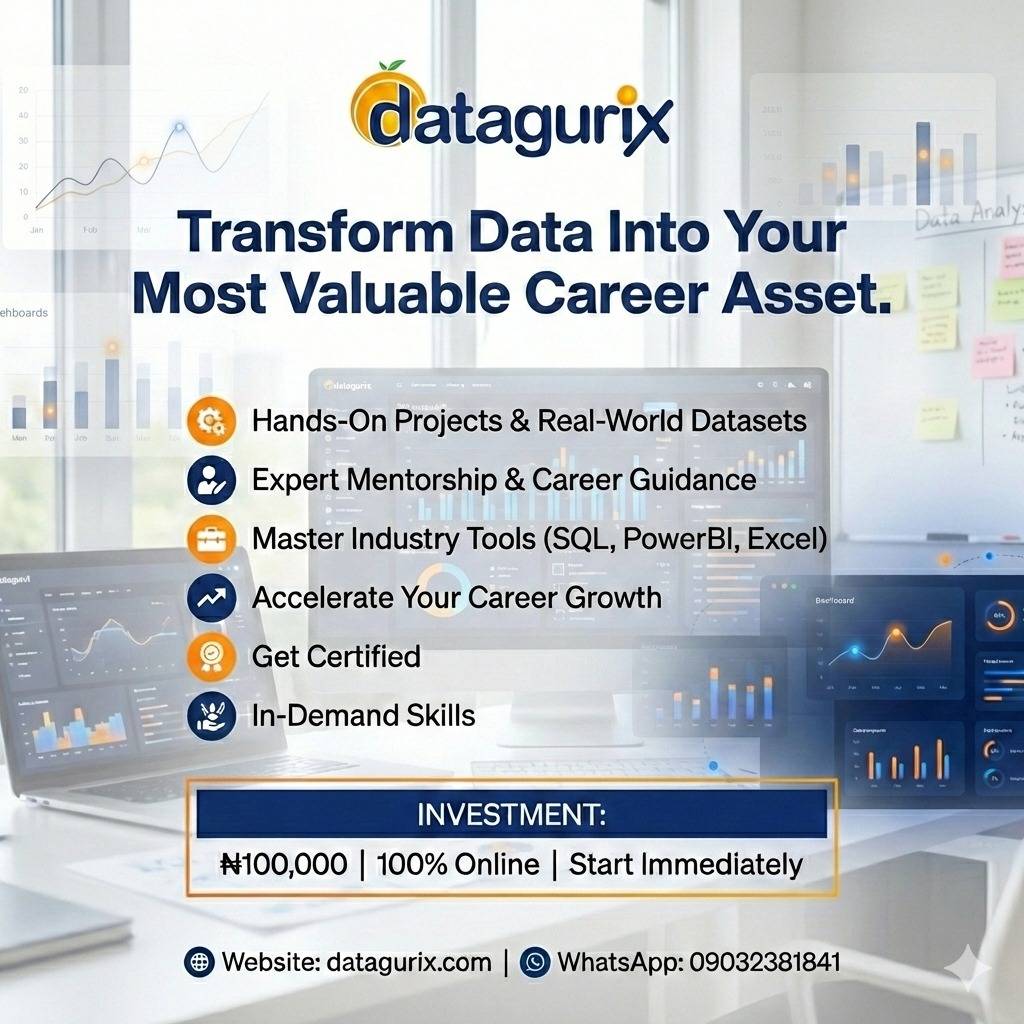 Join and start Live Classes on Data Analysis at www.datagurix.com
Send a WhatsApp message:
+234 90...