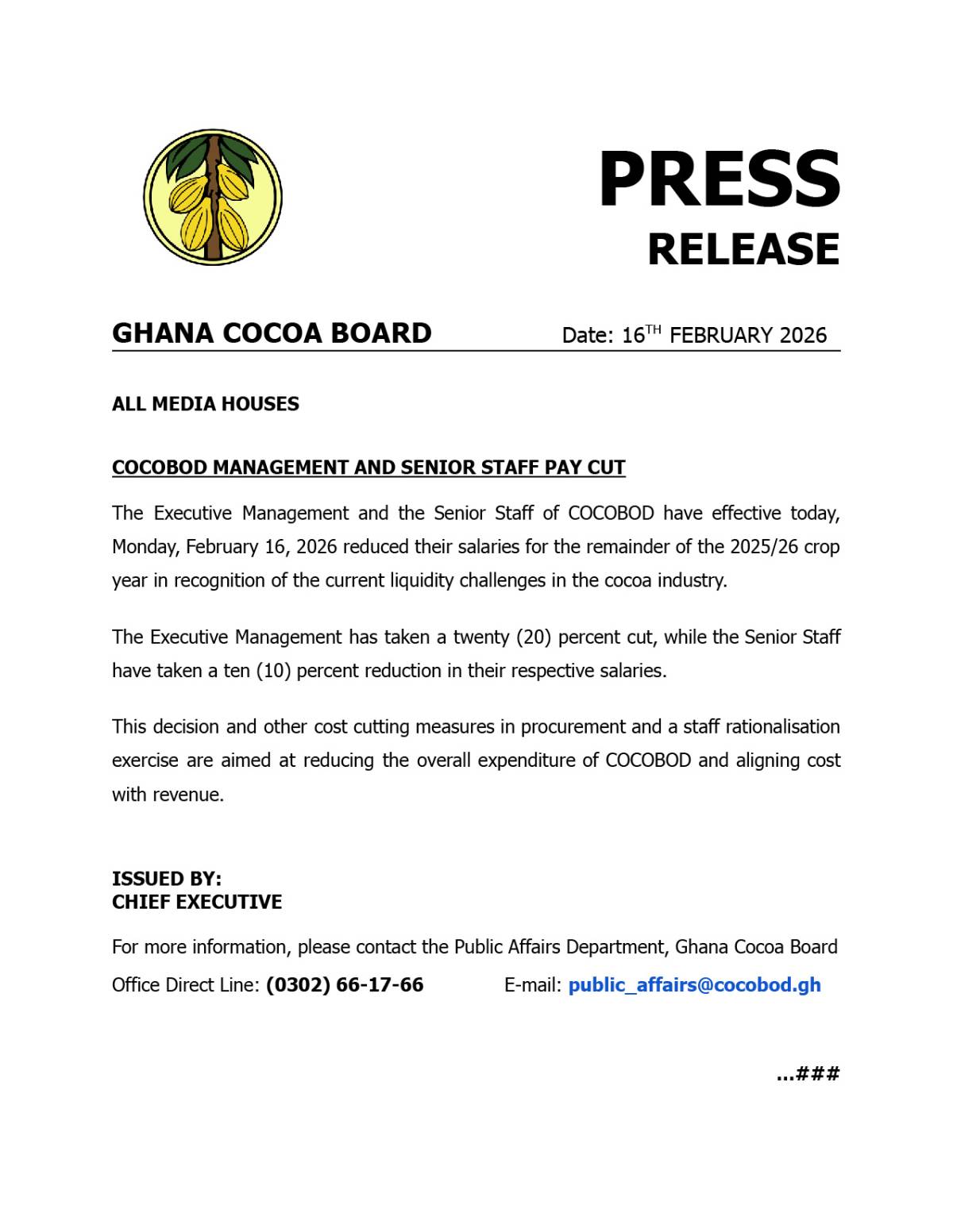 In a press release, the Executive Board and Senior Staff of the Ghana Cocoa Board announced salary r...