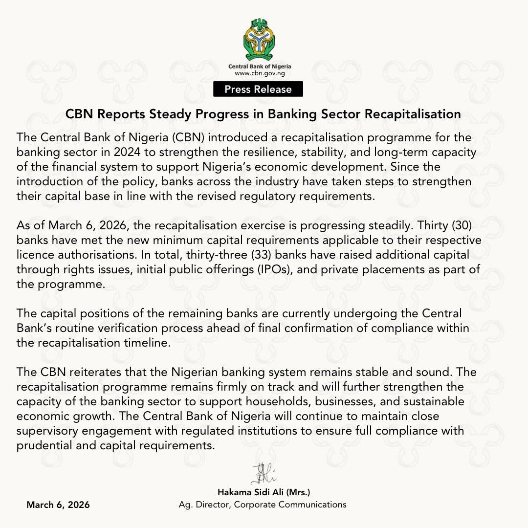 In a press release, the Central Bank of Nigeria reported that the recapitalization program it introd...