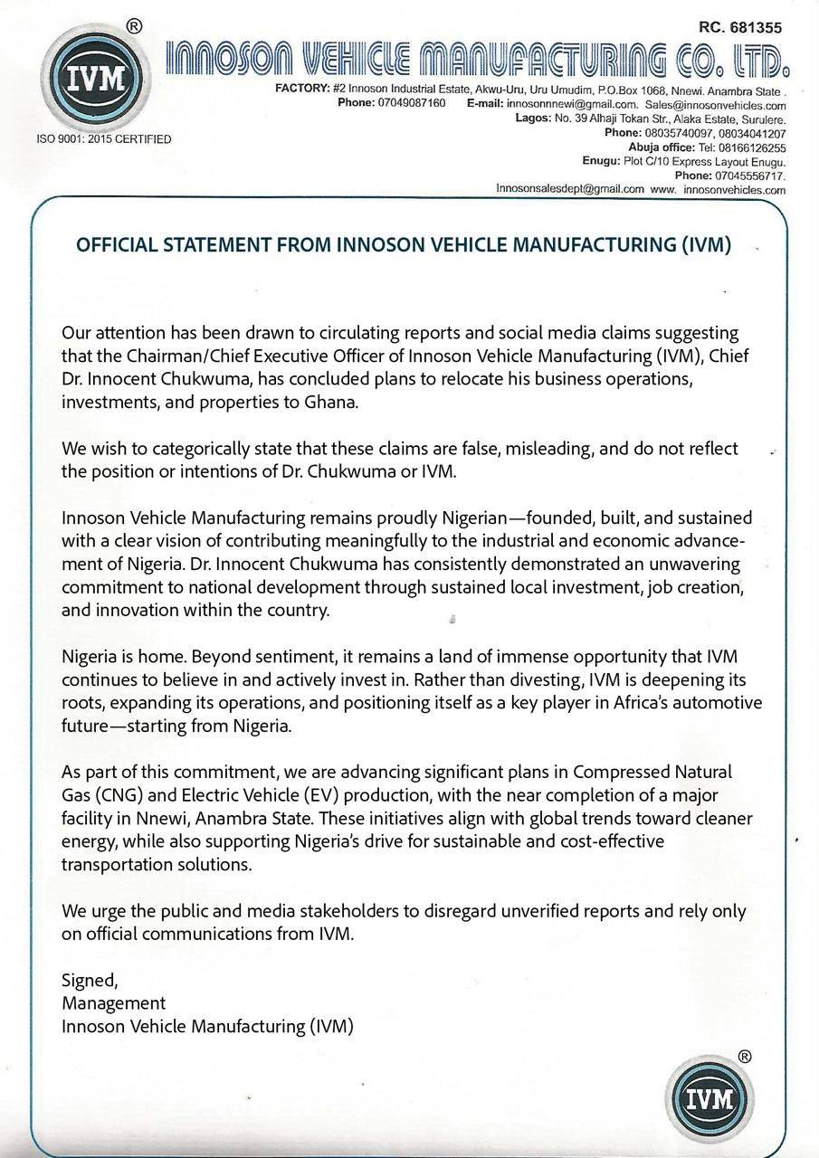 Innoson Vehicles Manufacturing Company Limited has issued an official statement denying rumors circu...