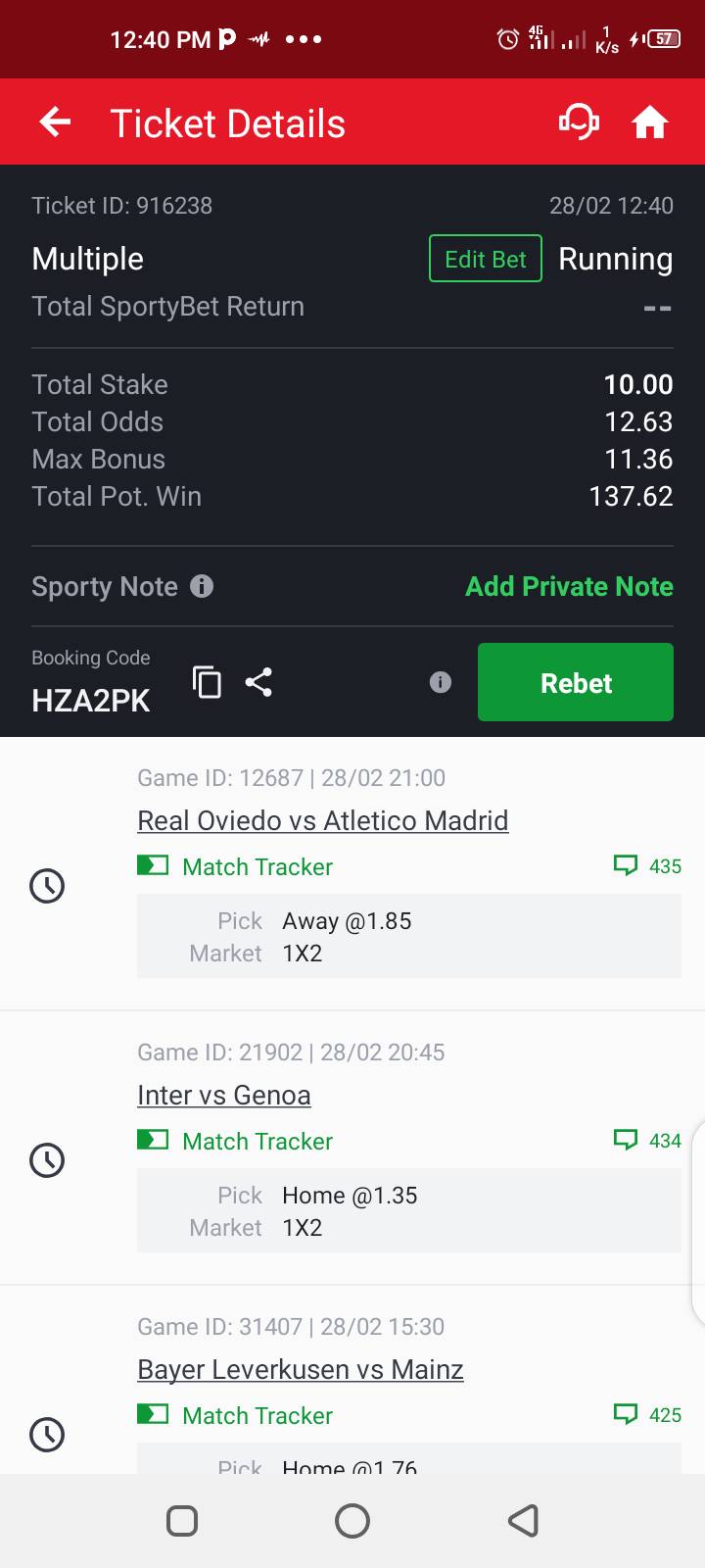 Use remaining half from the one quarter.
On Sportybet
HZA2PK
Remember betting is not a sprint, i...