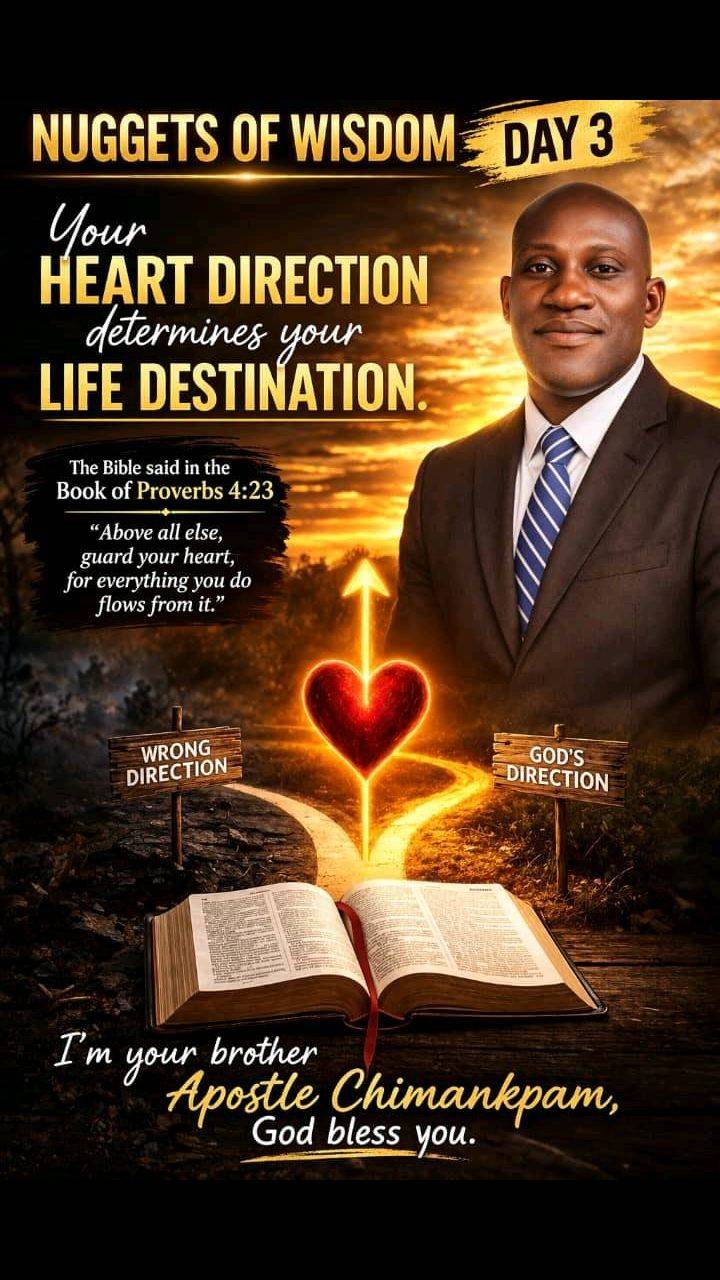 NUGGETS OF WISDOM DAY 3
Your heart direction determines your life destination.
Proverbs 4:23 —Above...