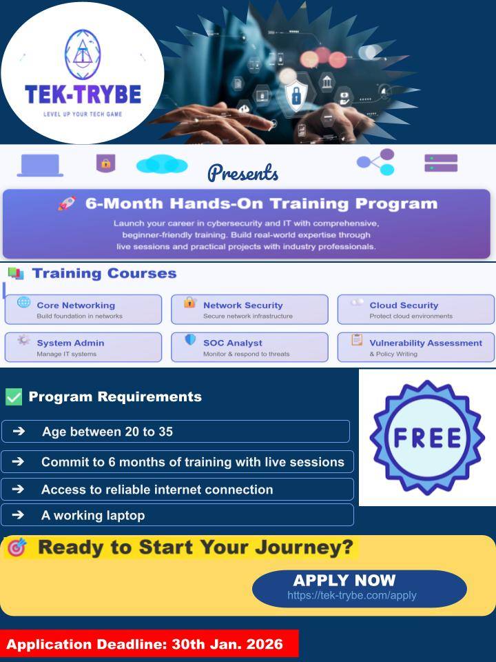 *Launch Your Cybersecurity Career with Industry Experts—Completely Free*
TEK-TRYBE is launching an...