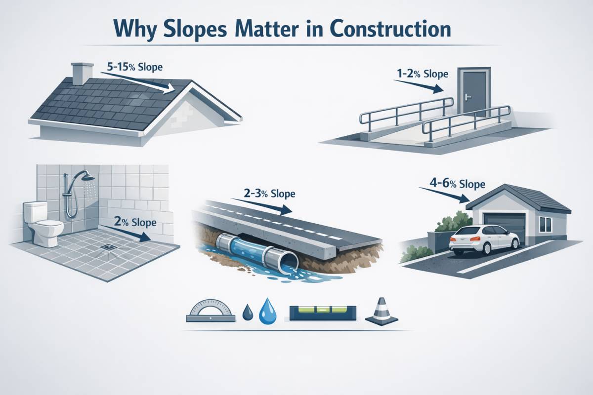 Do you know the safe slopes for roofs, floors, ramps, and drains? Swipe this carousel to see recomme...