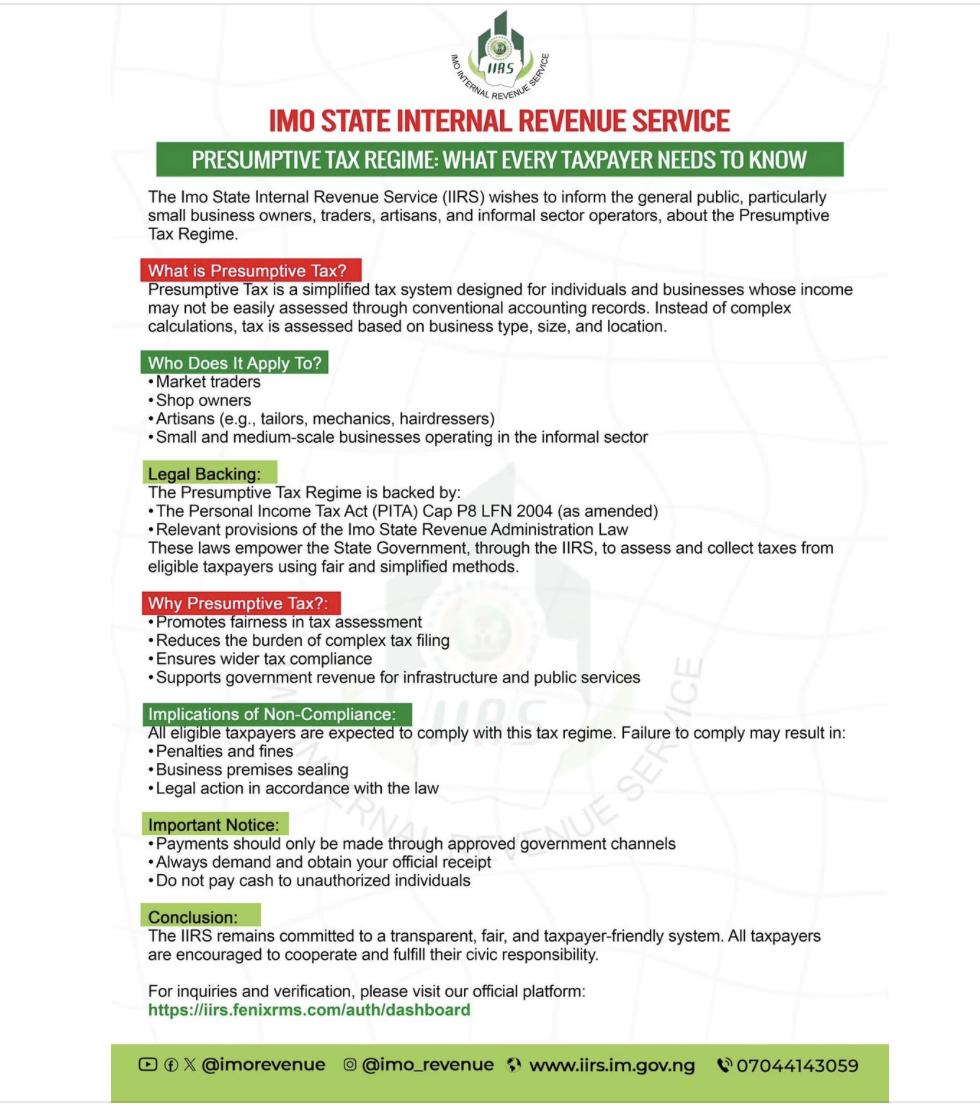 Imo State Internal Revenue Service just updated the public on presumptive tax regime, in with the na...