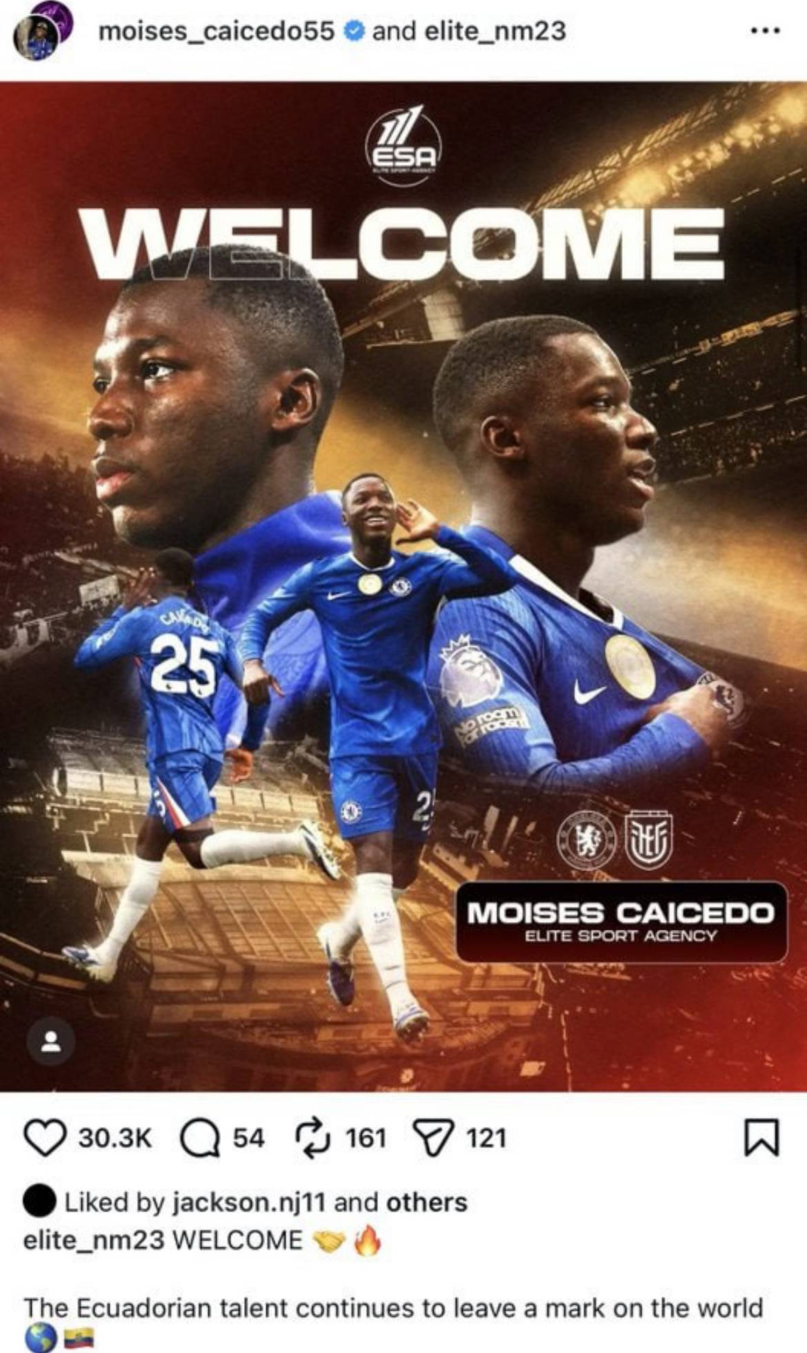 📝 Chelsea midfielder Moisés Caicedo has confirmed on Instagram he has partnered with Elite Sport Ag...