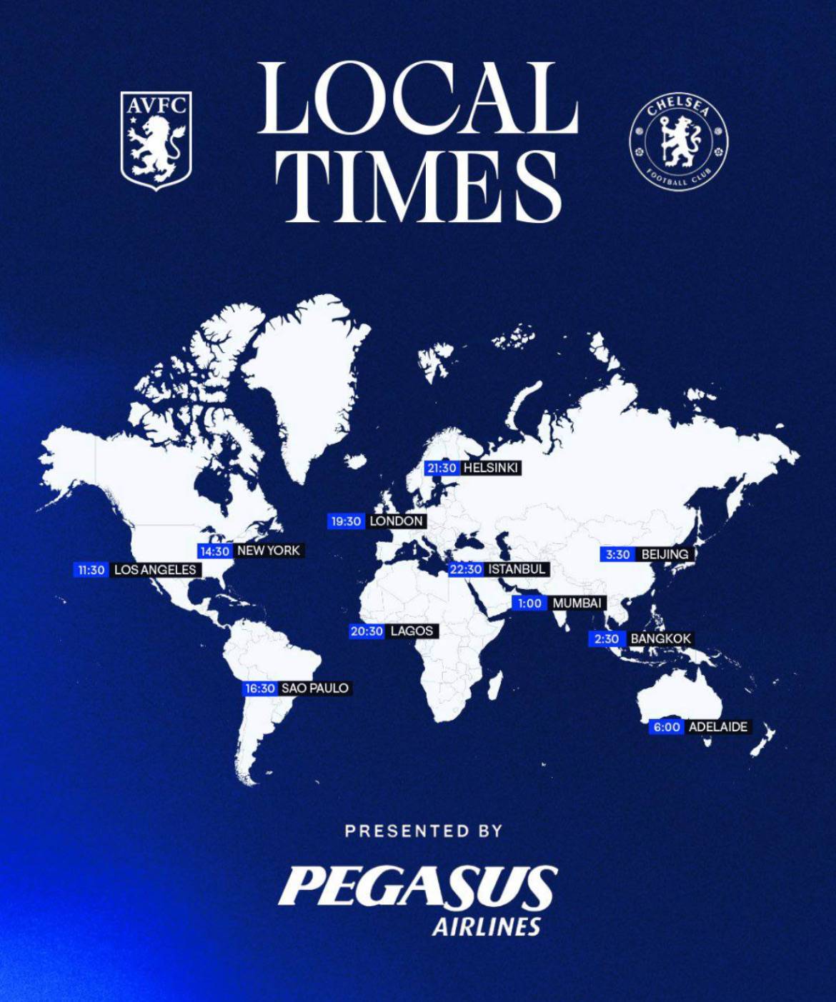 Kick-off times around the globe for our match against Villa! ๐
#CFC |#Chelsea | #AVLCHE
๐ฒ @CFC_C...