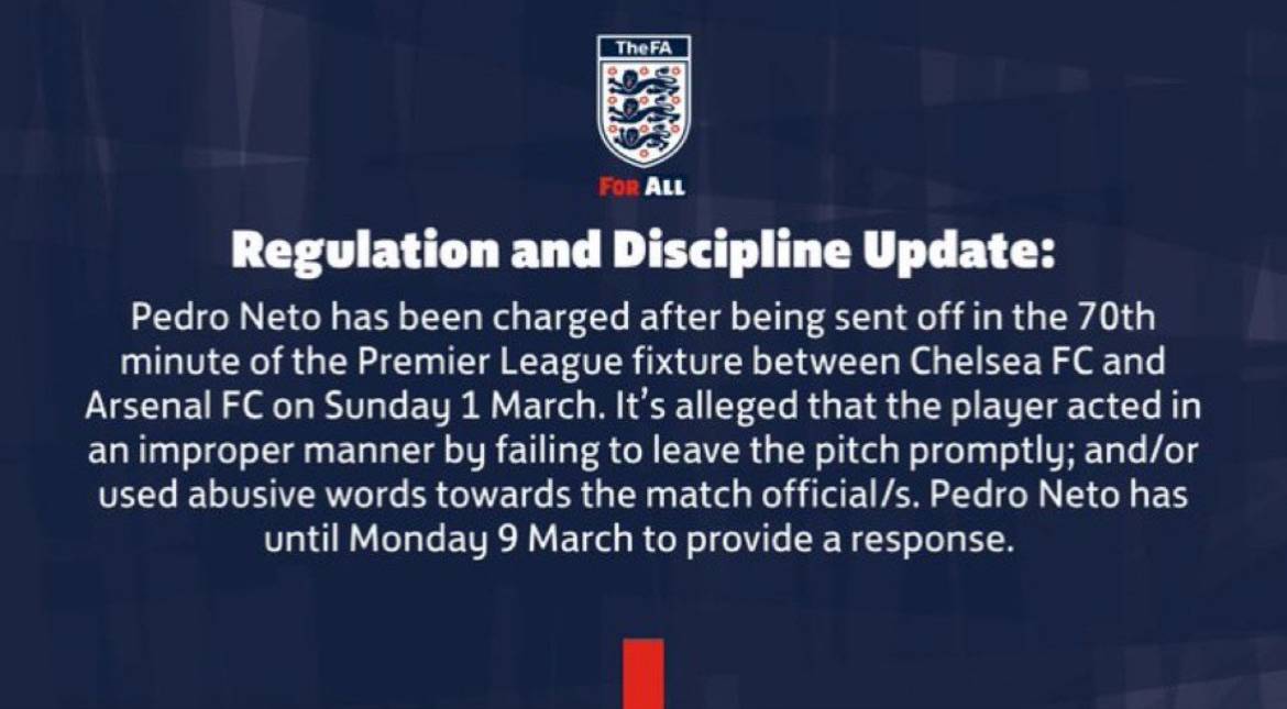 🚨🔵Pedro Neto has been charged for acting in "an improper manner by failing to leave the pitch prom...