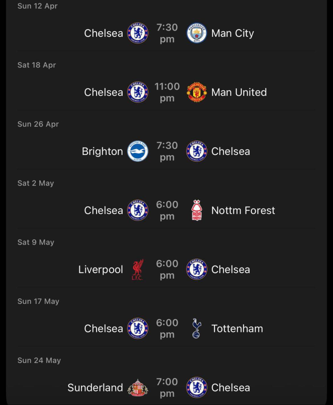 Chelsea remaining Premier League games:
Man City (H)
Man United (H)
Brighton (A)
Forest (H)
Liver...