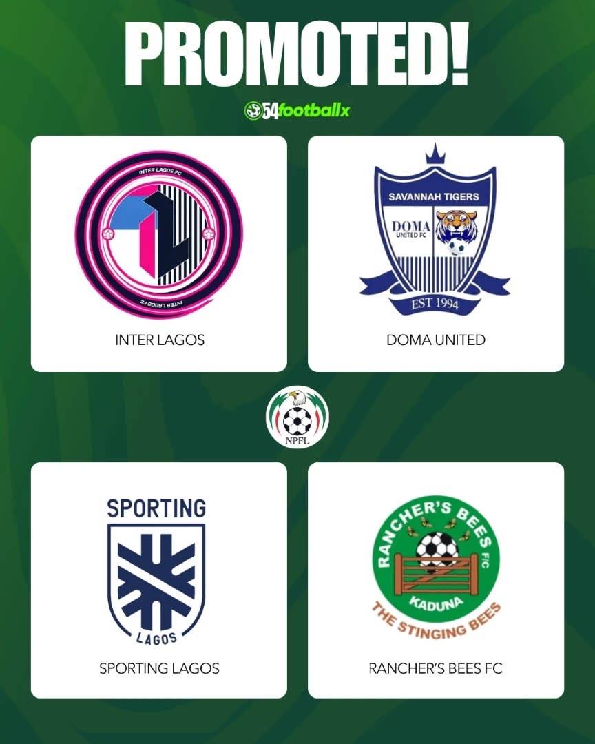 GRID COMPLETE!!
Inter Lagos, Doma United, Sporting Lagos and Rancher's Bees have ALL been promoted...