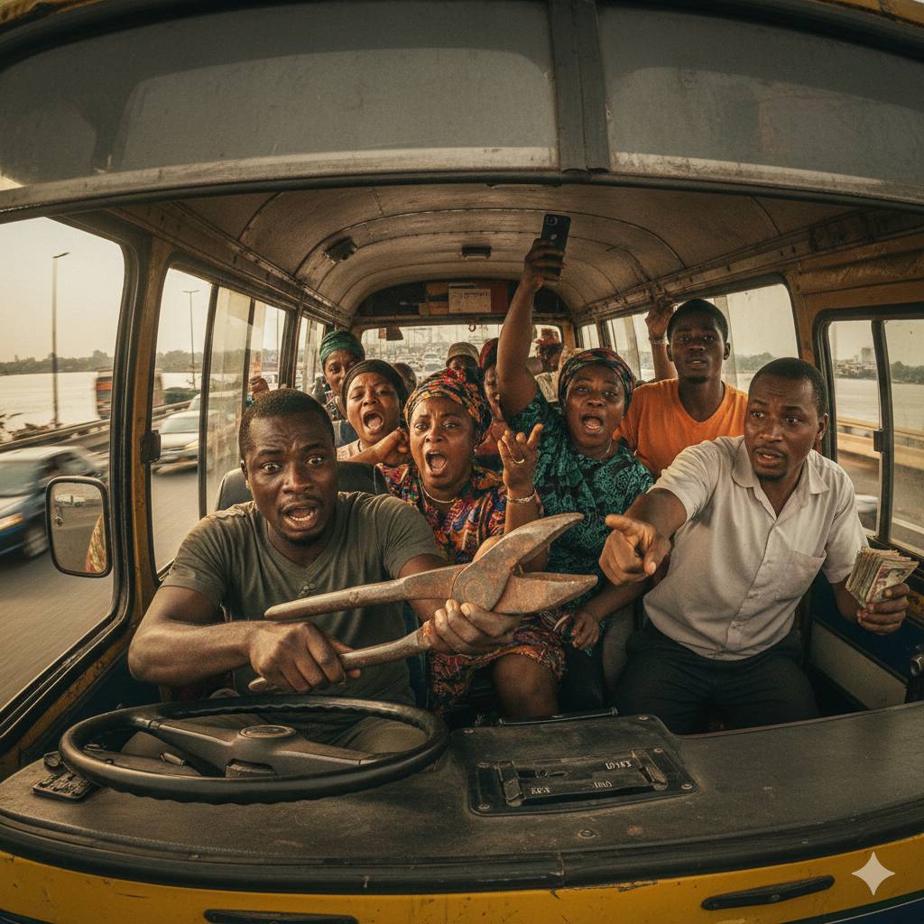 A Nigerian man at a job interview is asked how he handles pressure. He describes a chaotic ride on a...