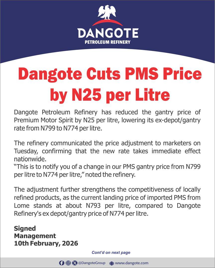 Again, Dangote Petroleum reduces the price of PMS for Nigerians