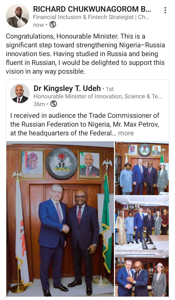 My comment to the Honourable Minister of Innovation, Science & Technology - Dr Kingsley T. Udeh